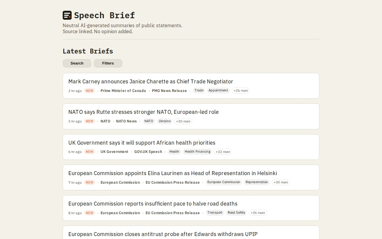 Speech Brief – neutral summaries of public statements