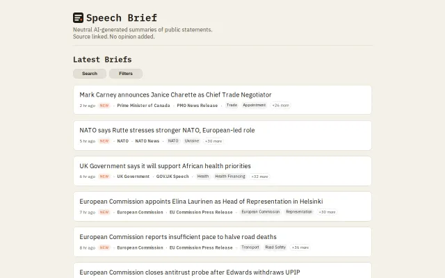 Speech Brief – neutral summaries of public statements