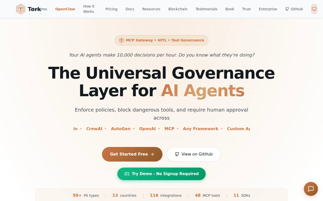 Tork – Open-source AI governance layer, 11 SDKs& 116 framework adapters