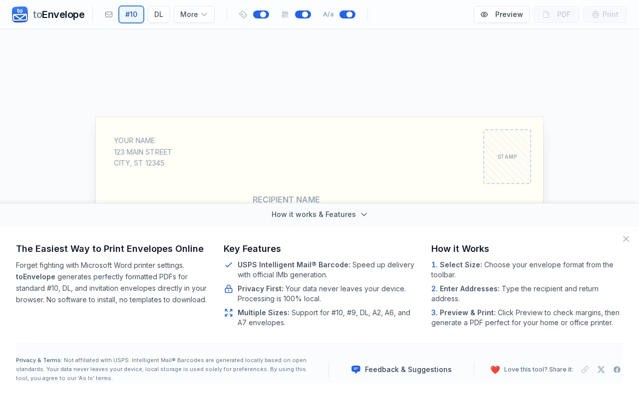 ToEnvelope – A local-first, WYSIWYG envelope printer for the browser