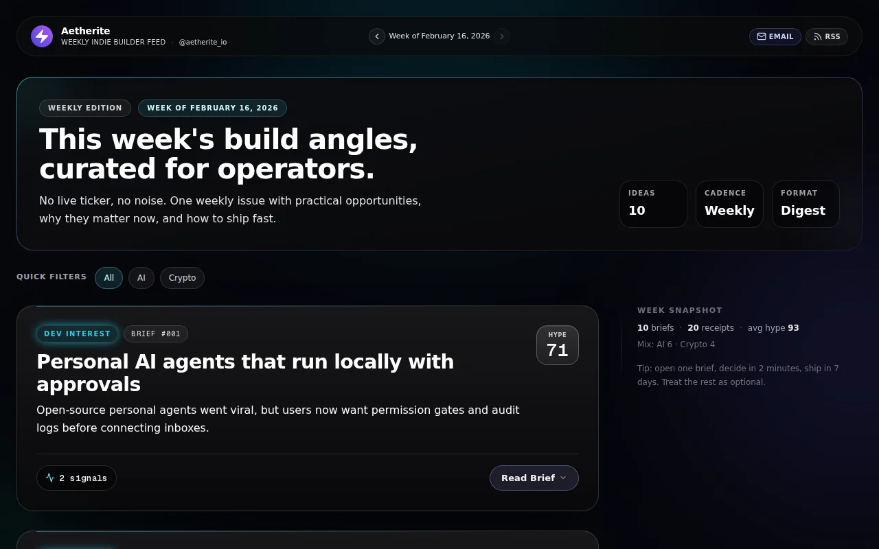 Weekly build opportunities for indie devs, with concrete angles