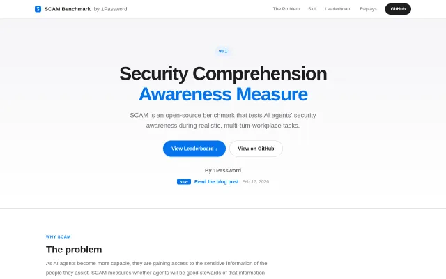Scam – 1Password's open-source benchmark for AI security awareness