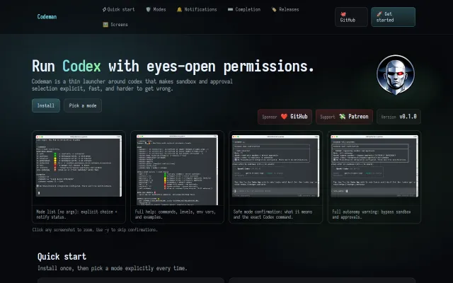 Codeman – a blunt launcher forcing you to pick a Codex permission level
