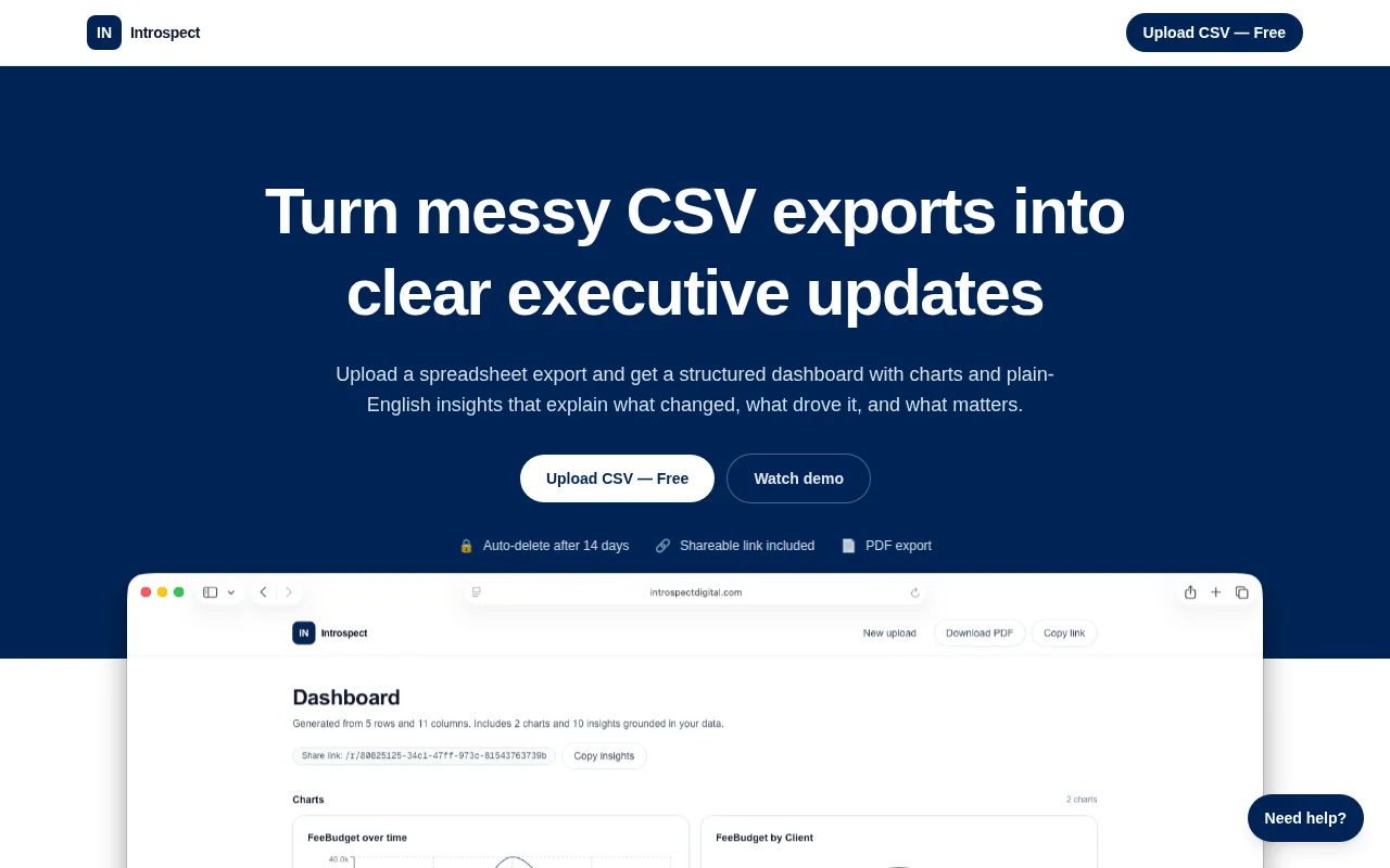 Introspect – messy CSV exports into shareable dashboards (no signup)