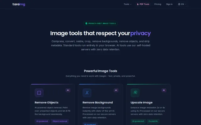 Image toolkit - files stay in your browser, AI runs on our own server