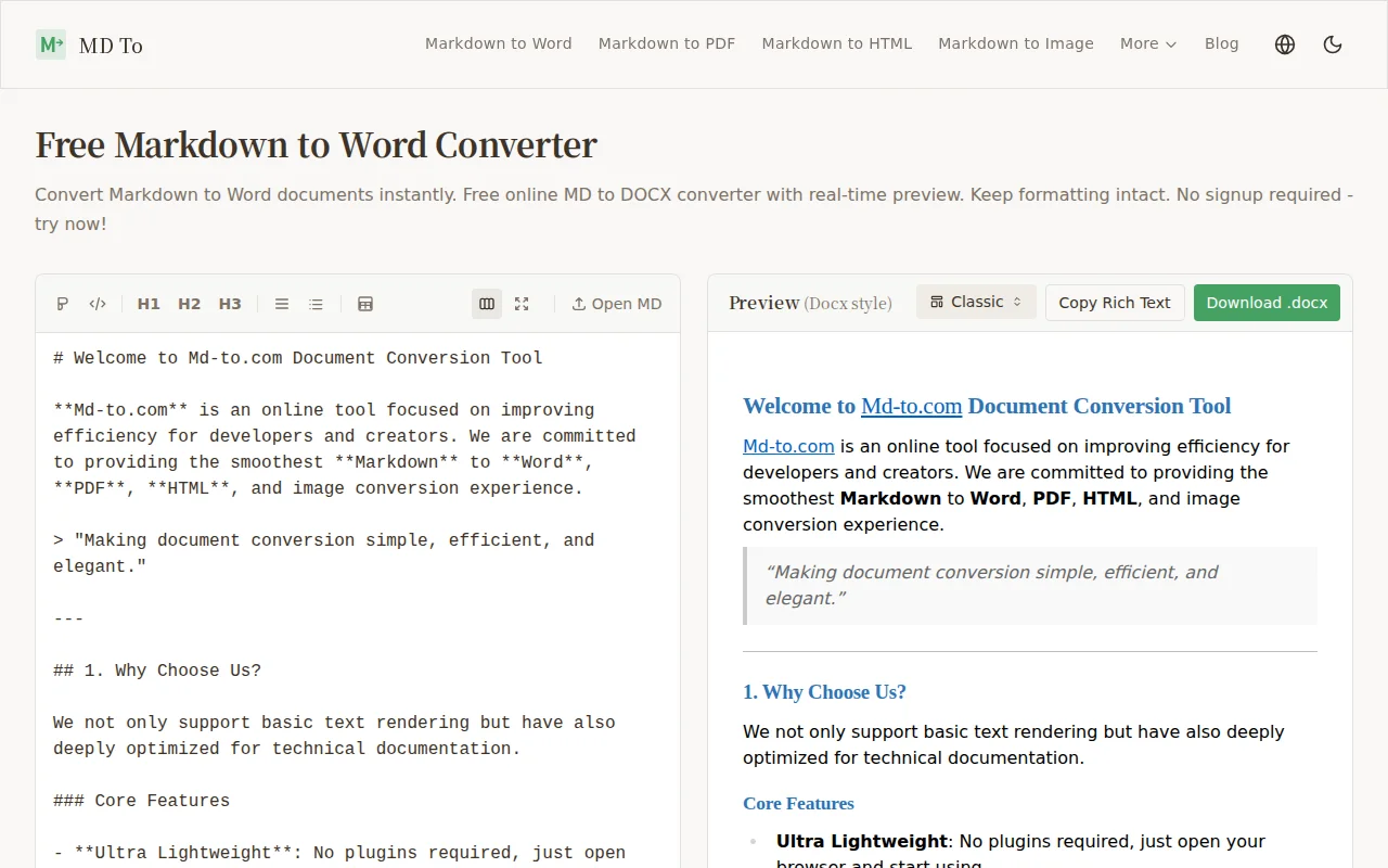 MD To – Convert Markdown to Word without the bloat
