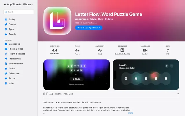 Letter Flow a Word Game with Liquid Glass Design