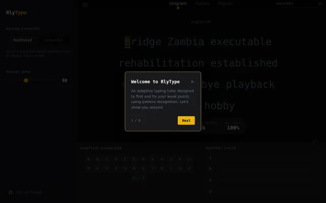 Rlytype – open-source typing tutor for fixing slow patterns(uni,bi,tri)