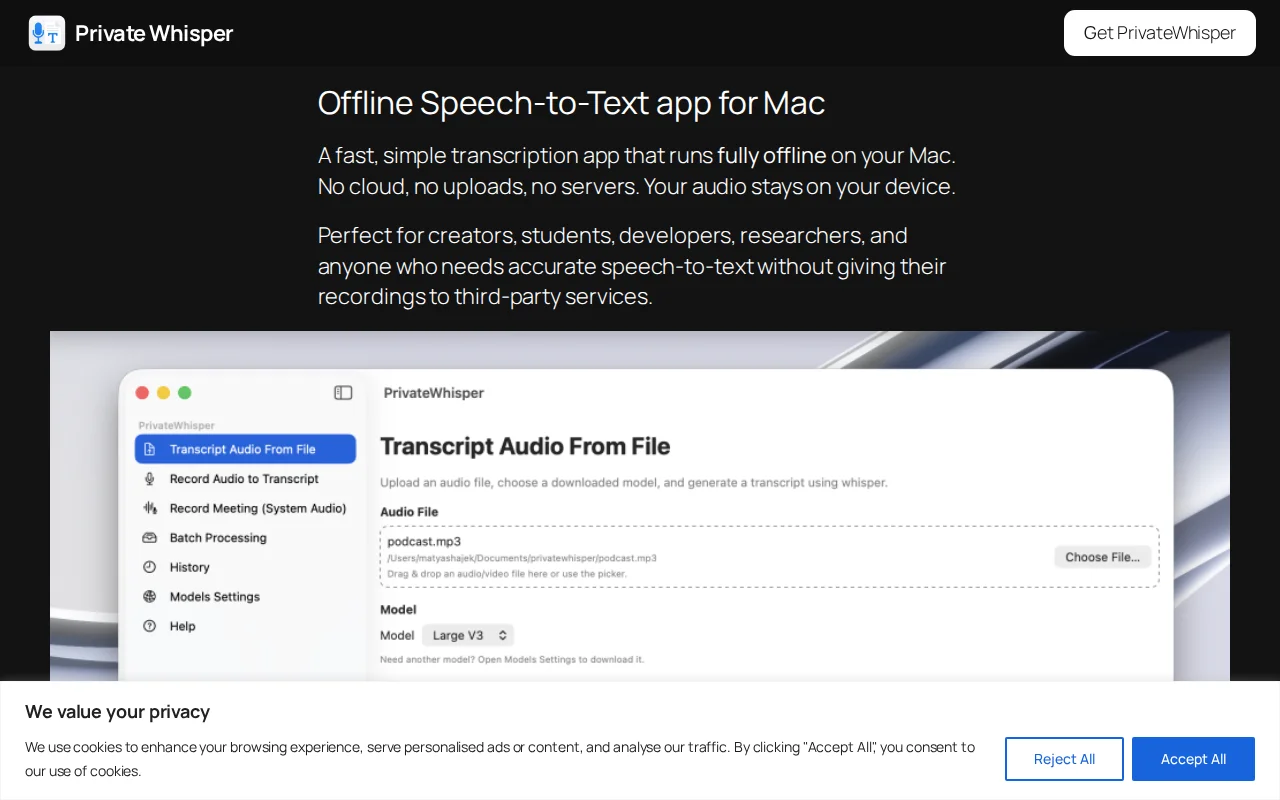 PrivateWhisper – Run Whisper locally on macOS (offline transcription)