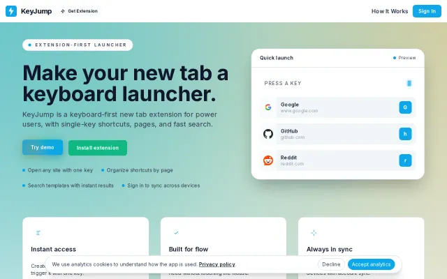 Keyjump – a keyboard-first new tab for power-users