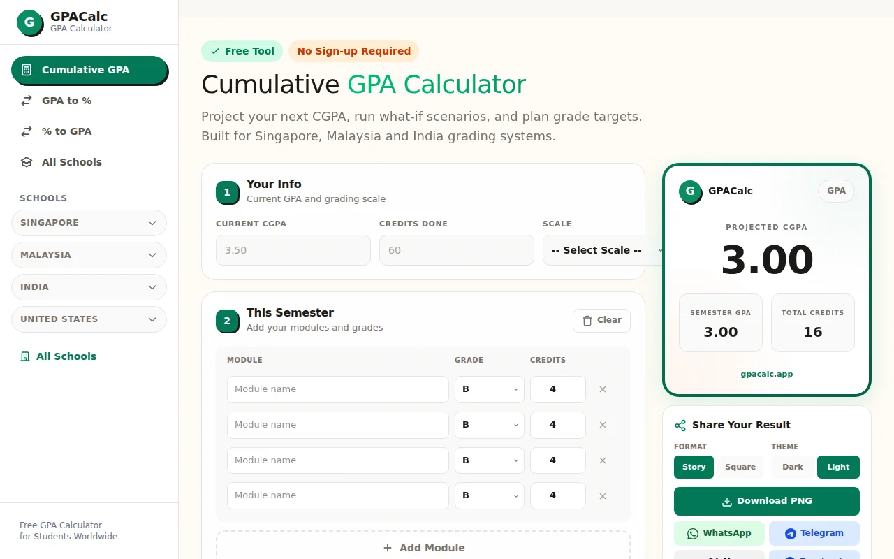 GPACalc – Free GPA and CGPA Calculator (4.0/5.0/10.0 scales)