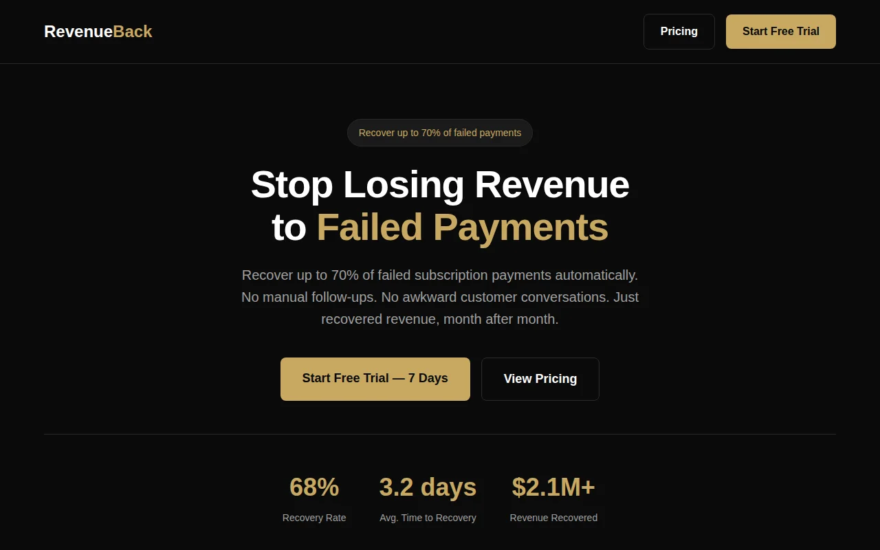 RevenueBack – Stop losing MRR to failed payments