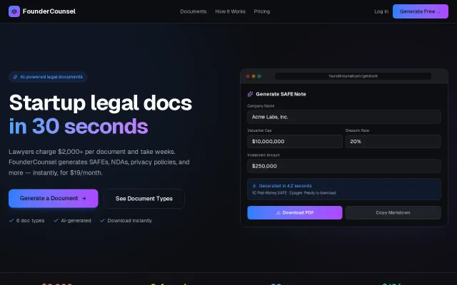 FounderCounsel – AI legal doc generator for startups ($19/mo)