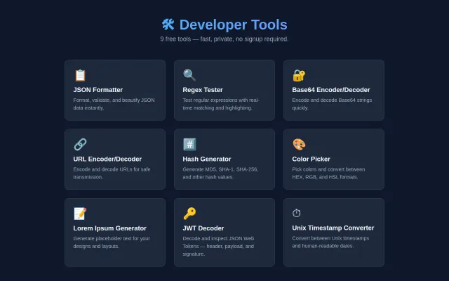 Free Browser-Based Dev Tools (No Signup, Client-Side)