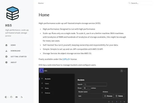HS5 – Open Source fast single-node S3 compatible object storage