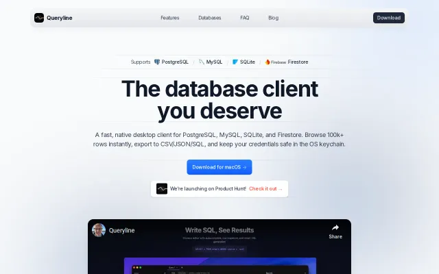 Queryline – One app for SQL and Firestore with a command palette