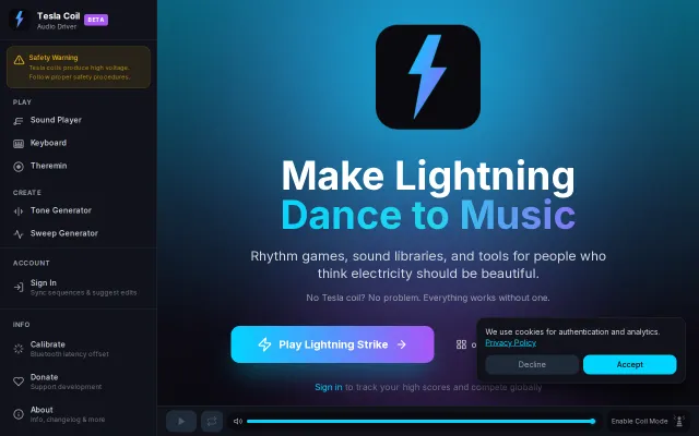 Browser based audio driver for Tesla coils (no coil required)
