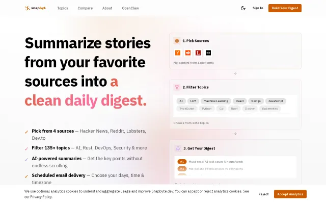 Snapbyte – personalized email digests from HN/Reddit/Lobsters