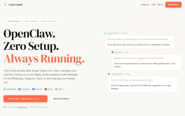 ClawCloud – Easy Hosted OpenClaw w 800 integrations, zero setup, BYOK