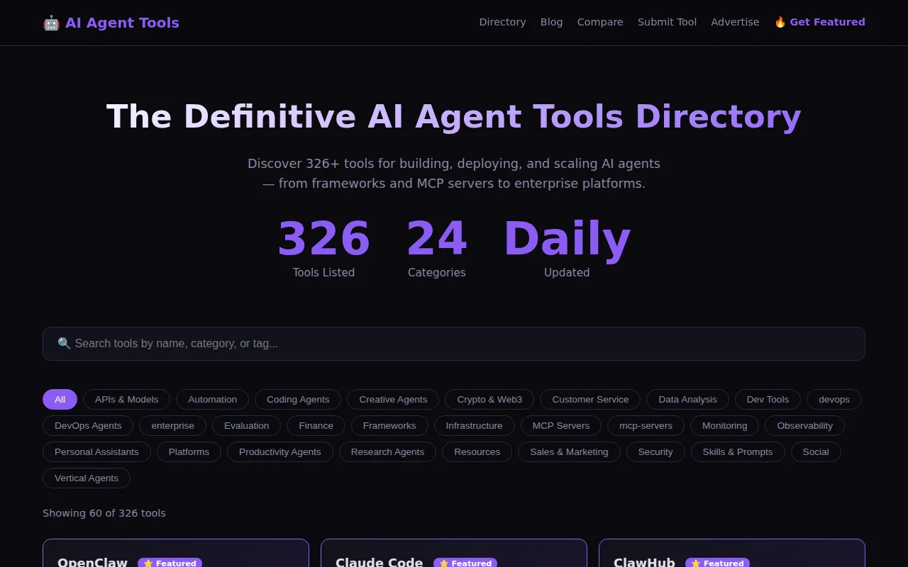 AI Agent Tools Directory – 316 tools for building AI agents