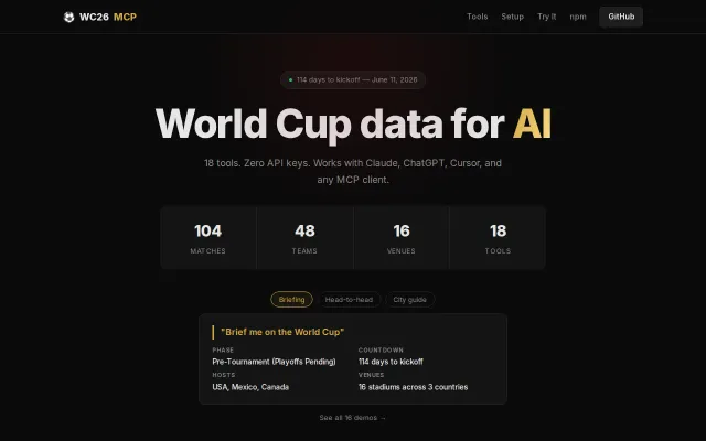 WC26-MCP – 18 tools for World Cup 2026 data for your AI