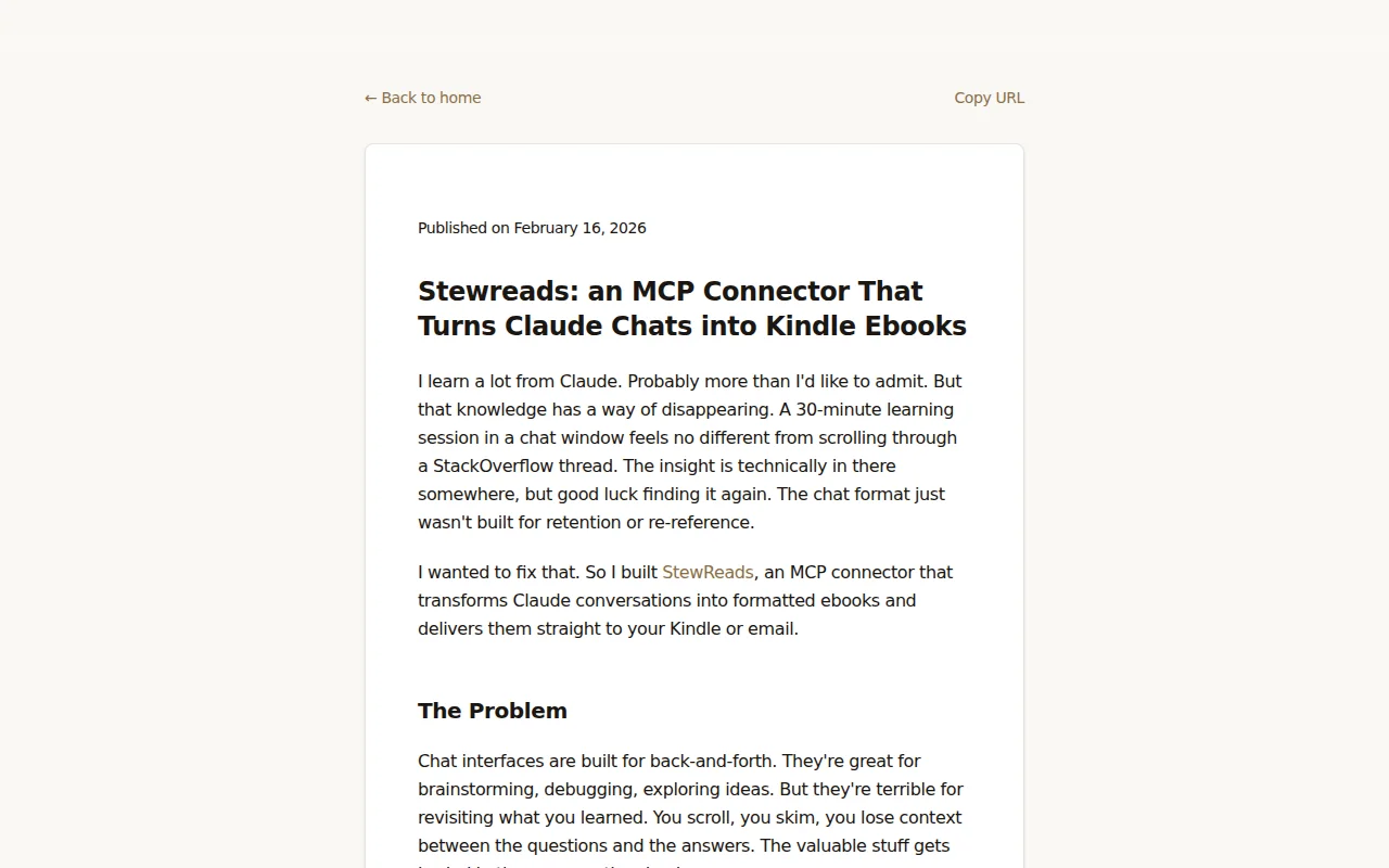 StewReads – Turn Claude chats into Kindle ebooks