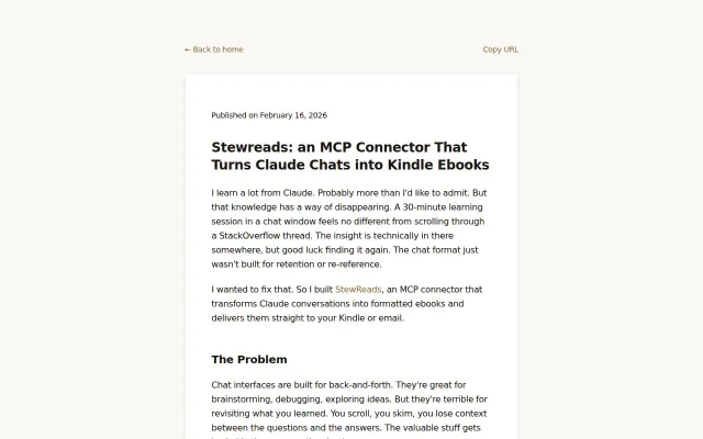 StewReads – Turn Claude chats into Kindle ebooks