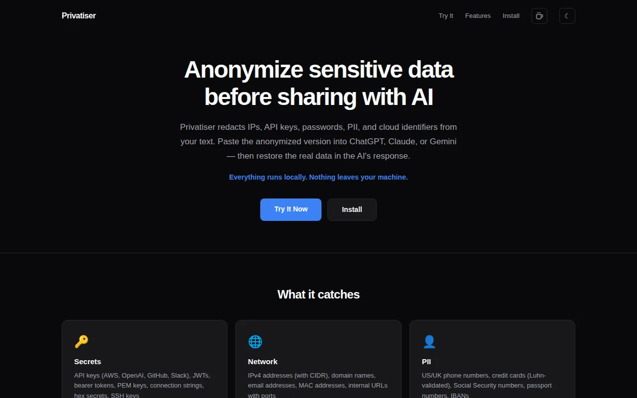 Privatiser – Redact secrets, IPs, and PII before sharing with AI
