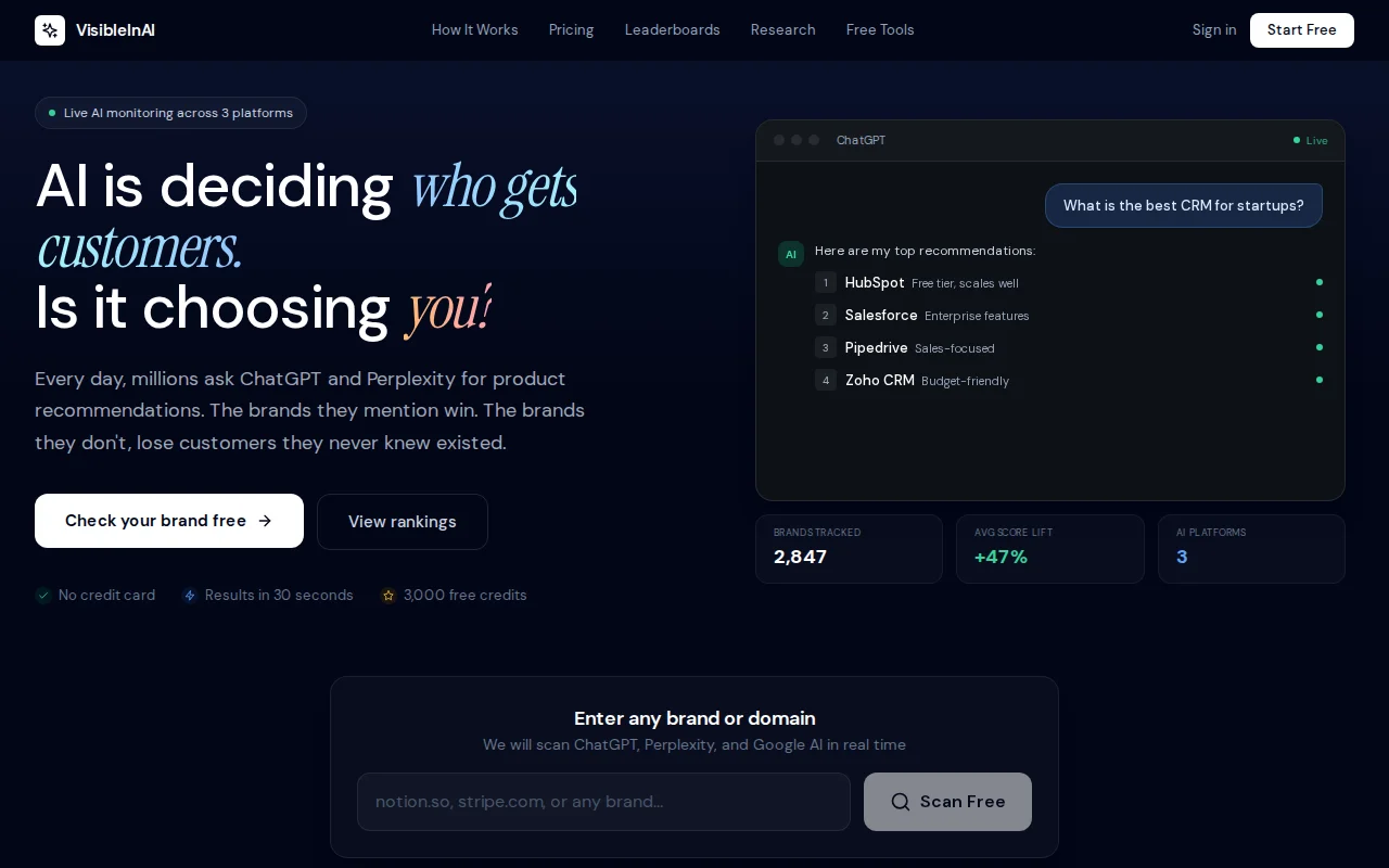 VisibleInAI – Check if ChatGPT recommends your brand