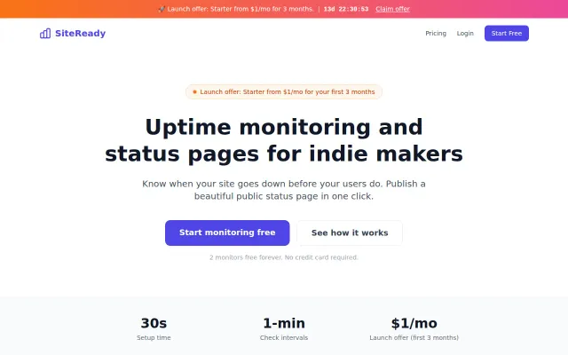 SiteReady – Uptime monitoring and status pages for indie makers