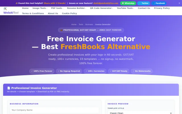 A 100% client-side invoice generator with no signup and no database