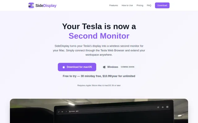 SideDisplay – Turn Tesla screen into a wireless second monitor for Mac