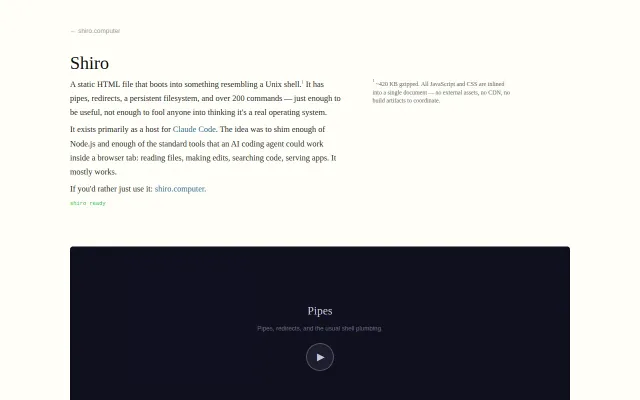Shiro.computer static page, Unix/NPM shimmed enough to host Claude Code