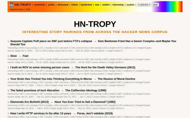 Interesting story pairing from across the Hacker News Corpus