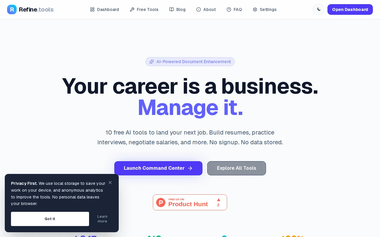 Refine.tools – 10 client-side career tools (Next.js, no DB)
