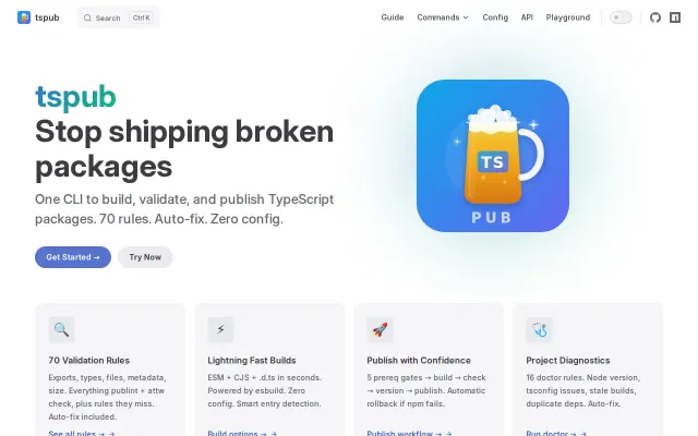 tspub all in one TypeScript package toolkit