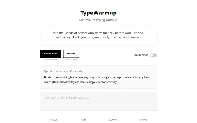 Free one-minute typing warmup