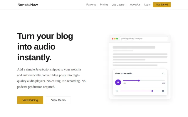 NarrateNow – Add AI audio to any blog post with a single script tag