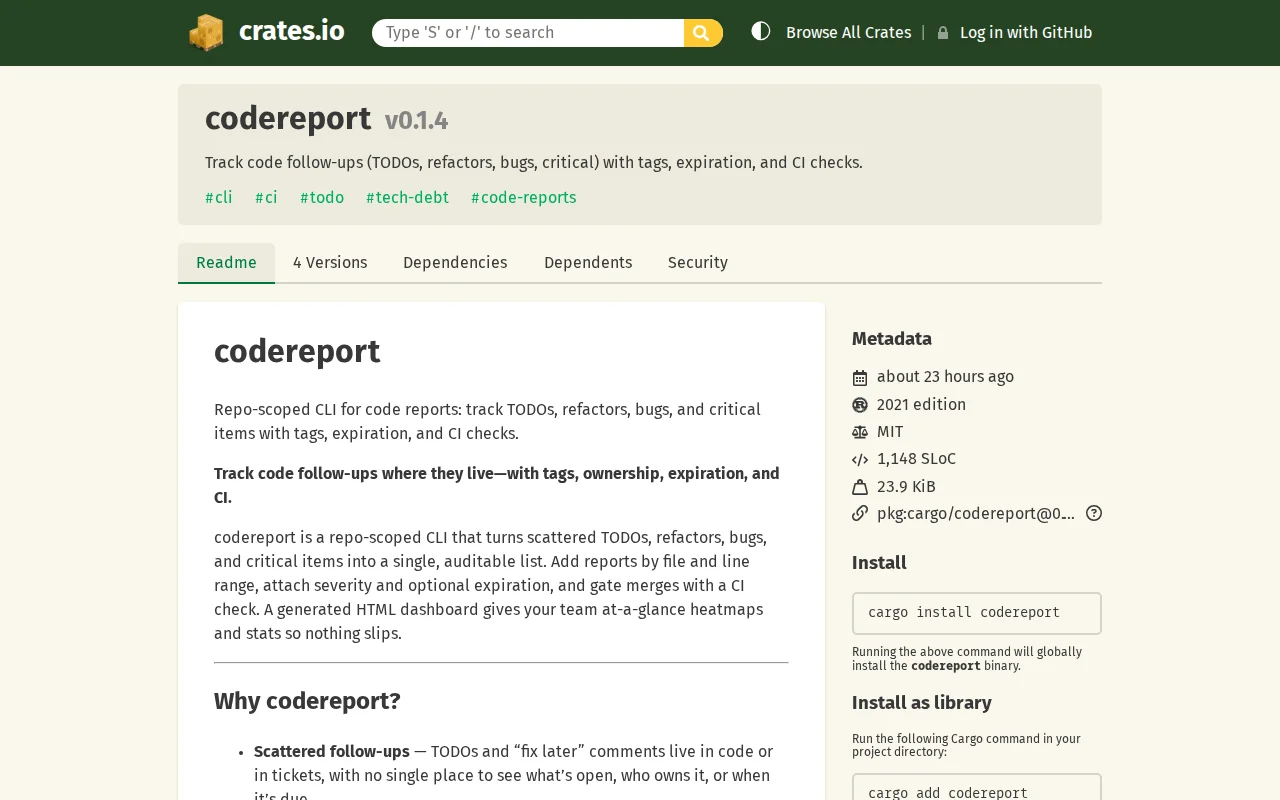 Codereport – track TODOs, refactors, and bugs in your repo with a CLI