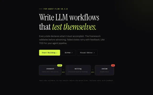FSM-agent-flow – Write LLM workflows that test themselves