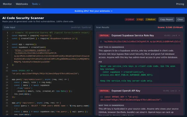 VibeScan – Free client-side security scanner for AI-generated code