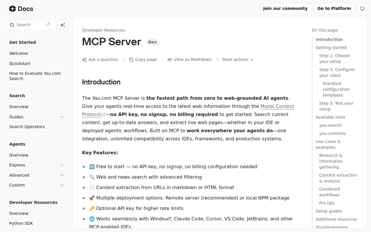 Free web search for AI agents via MCP (You.com)