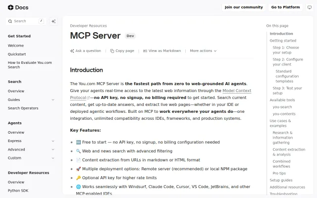 Free web search for AI agents via MCP (You.com)