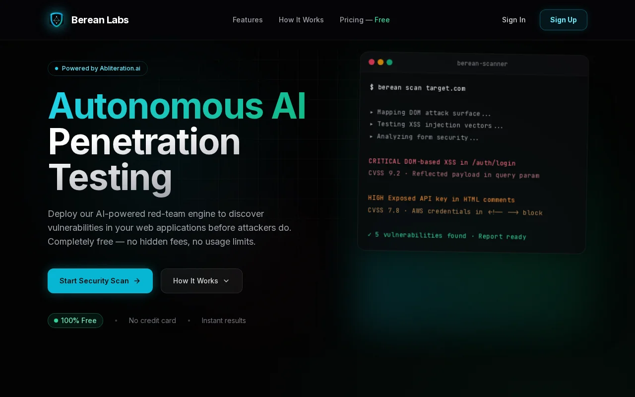 Berean Labs – Free AI-powered penetration testing for web apps