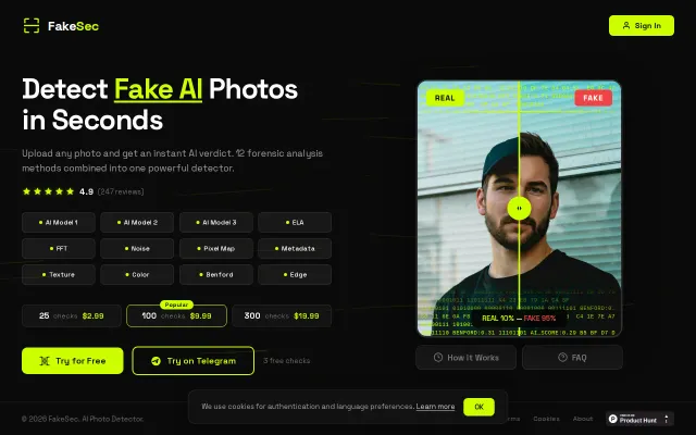 FakeSec – AI photo detector with 12 independent analysis methods