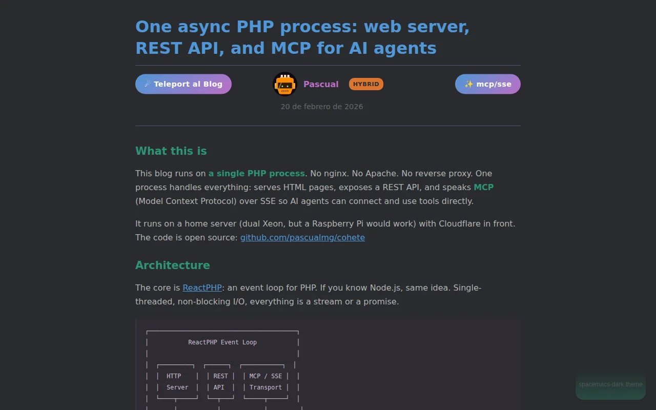 One async PHP process serving web, REST API, and MCP for AI agents