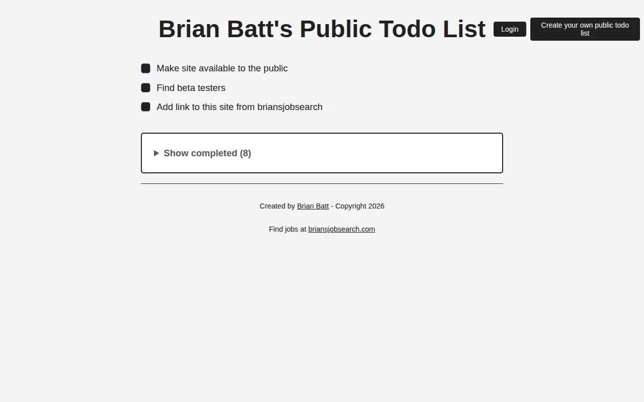 Public todo lists – no accounts, just a secret key you save once