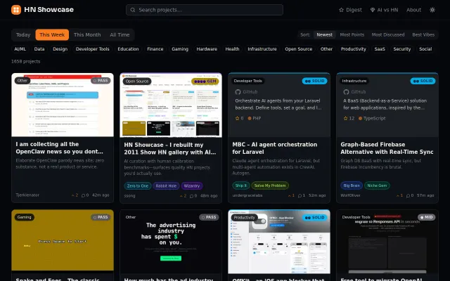 HN Showcase – I rebuilt my 2011 Show HN gallery with AI curation