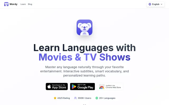 Wordy – Learn languages from real movie and TV clips with quizzes