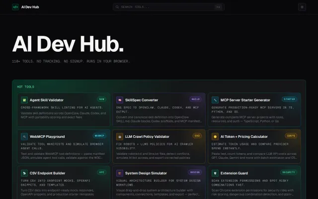 AI Dev Hub. 100 free dev tools (all client-side, no signup, no ads)